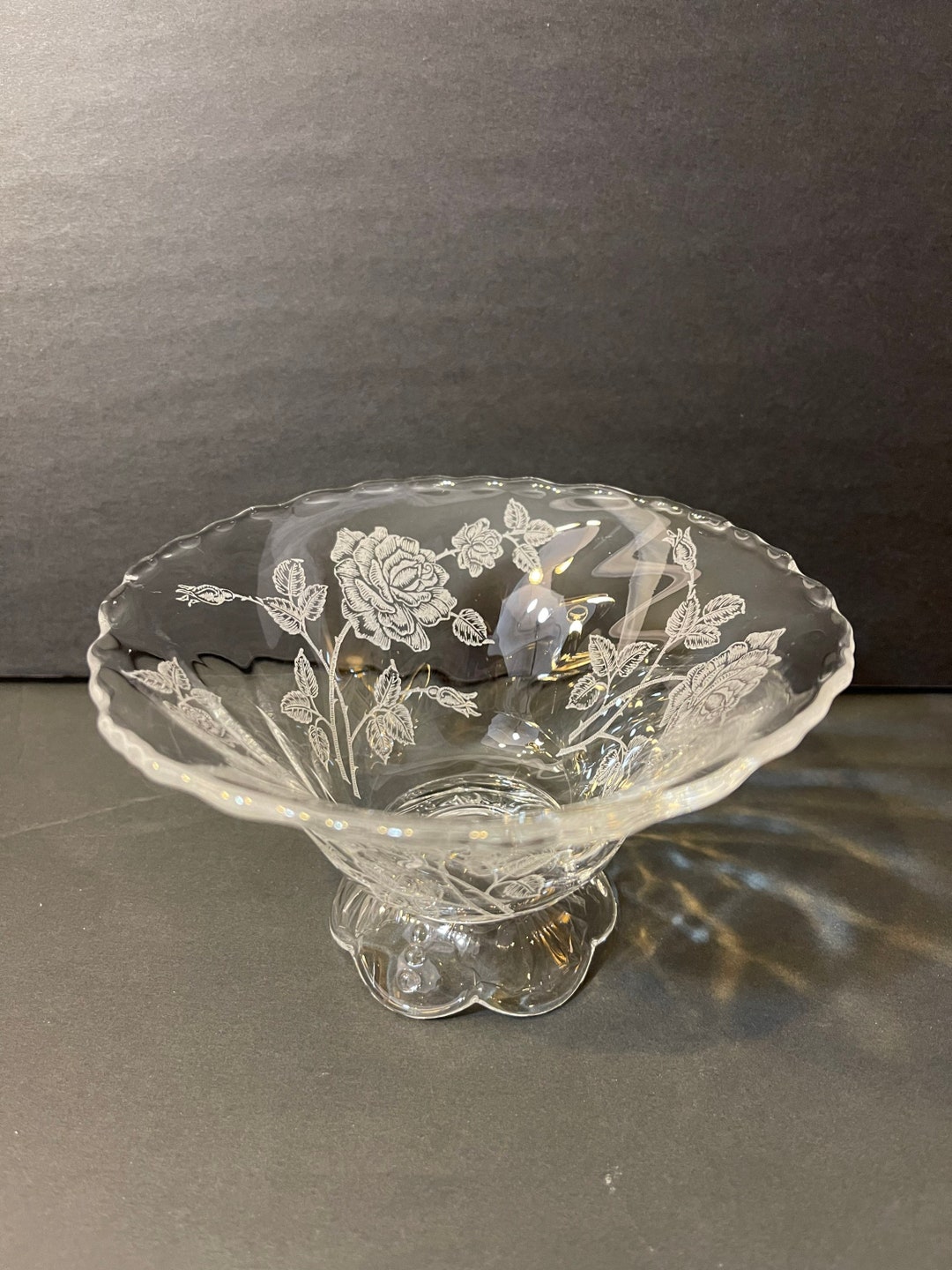 Heisey Glass Waverly Rose Etched Footed Compote Bowl 3.25in Tall 5.5in