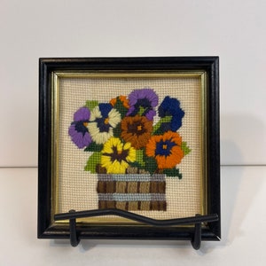 Needlepoint Picture With Pansies In Basket 5-3/4 Square - READ