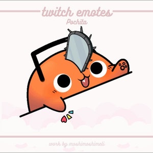Op de afbeelding: Een cartoon illustratie van een oranje karakter met een kettingzaag op het hoofd, met de tekst "twitch emotes" en "Pochita". Het karakter heeft grote zwarte ogen en een vrolijke uitdrukking. De naam van de kunstenaar staat onderaan.