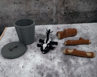 Stinktier beweglich + Mülltonne mit Deckel + Baumstämme | Skunk articulated + Trash can with lid + Tree trunks | MEHRFARBIG | Fidget | 3D