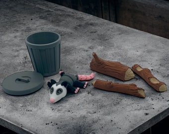 Articulated Opossum + Trash Can with Lid + Tree Trunks | MULTI-COLOR | Fidget | 3D