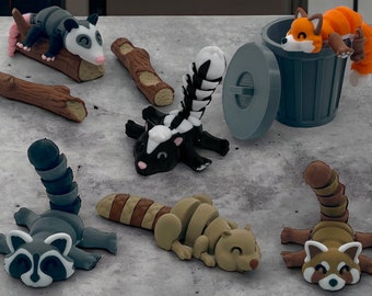 Fuchs Stinktier Opossum Biber Waschbär Roter Panda beweglich + Mülltonne + Baumstämme | Set Tiere | MEHRFARBIG | Fidget | 3D Deko