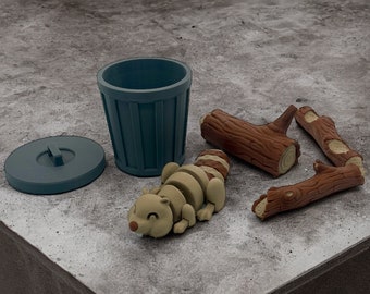 Biber beweglich + Mülltonne mit Deckel + Baumstämme | Beaver articulated + Trash can with lid + trunks | MEHRFARBIG | Fidget | 3D Deko