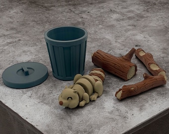 Articulated beaver + trash can with lid + tree trunks | Multicoloured | Fidget | 3D decoration