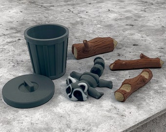 Articulated raccoon + trash can with lid + tree trunks | Multicoloured | Fidget | 3D decoration