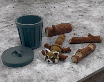 Articulated red panda + trash can with lid + tree trunks | Multicolored | Fidget