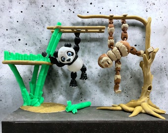 Articulated Panda + Bamboo + Articulated Sloth + Tree | Multicolored | Fidget | 3D