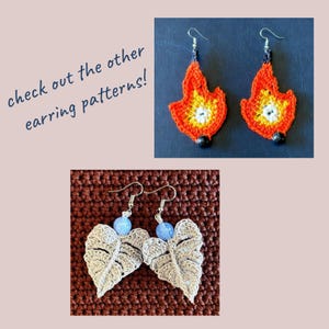 May include: Two pairs of crocheted earrings. One pair is orange, yellow, and white and shaped like flames. The other pair is gray and shaped like leaves. Both pairs have silver hooks and blue beads.