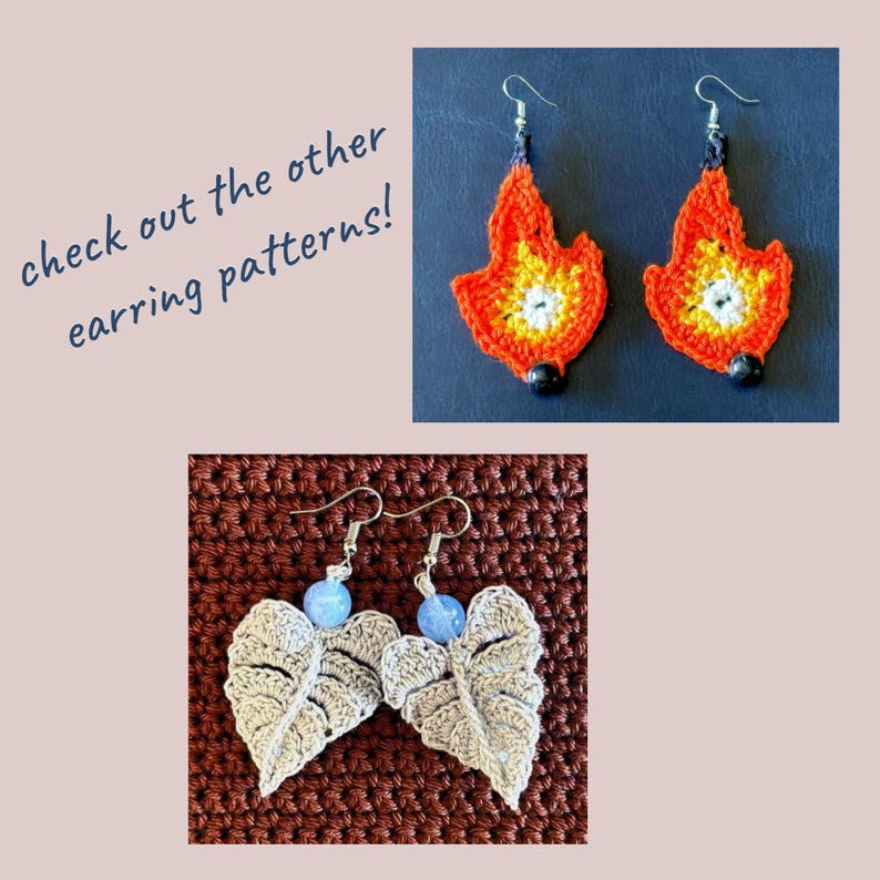 May include: Two pairs of crocheted earrings. One pair is orange, yellow, and white and shaped like flames. The other pair is gray and shaped like leaves. Both pairs have silver hooks and blue beads.