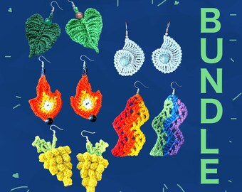 Crochet Earring Patterns Bundle PDF - 5 Designs: Grape, Seashell, Monstera Leaf, Rainbow, Flame