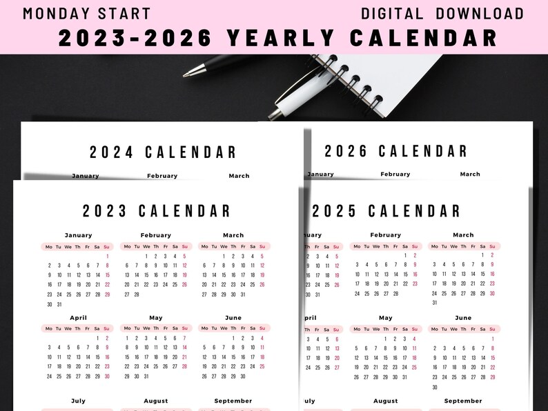 Yearly Calendar Printable 2023 2024 2025 2026 Calendar Etsy Canada