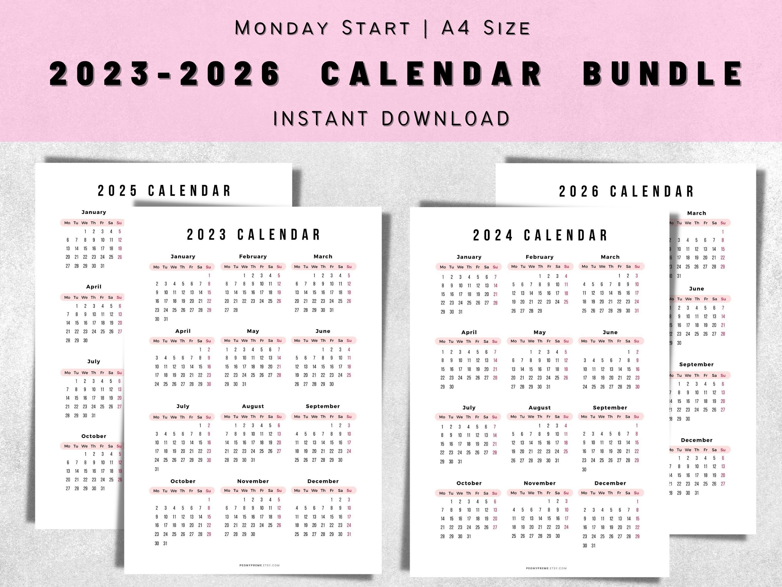 Yearly Calendar Printable 2023 2024 2025 2026 Calendar Etsy Canada