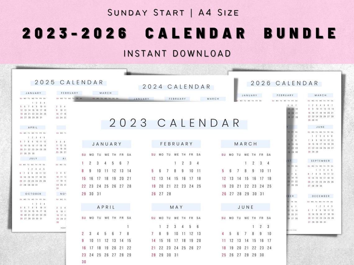 Yearly Calendar Printable 2023 2024 2025 2026 Calendar Etsy Canada