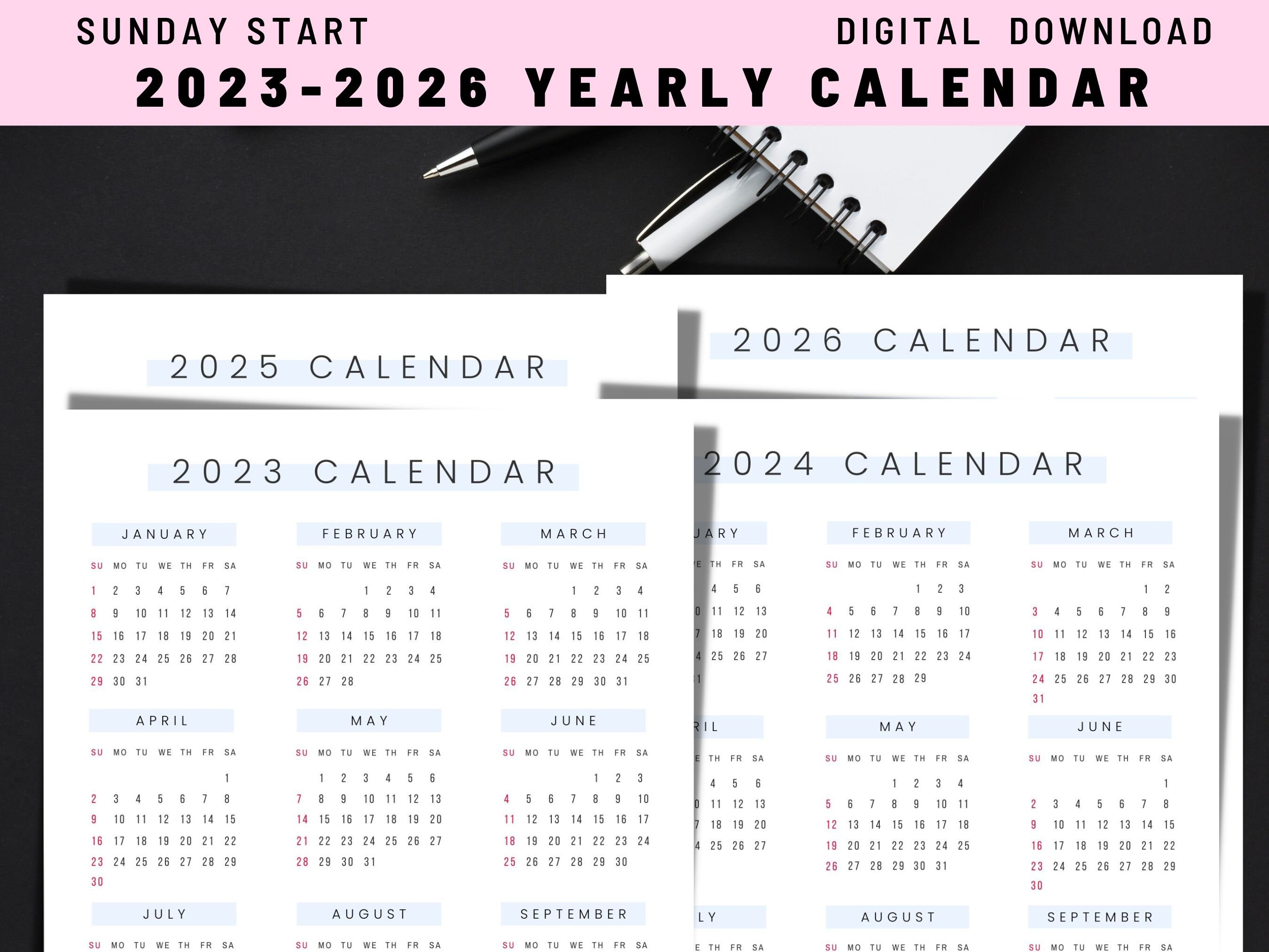Yearly Calendar Printable, 2023 2024 2025 2026 Calendar Bundle ...