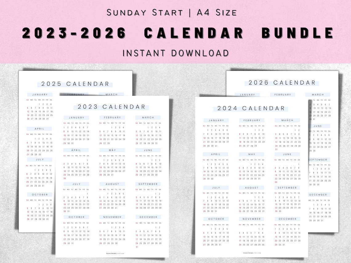 Yearly Calendar Printable 2023 2024 2025 2026 Calendar Etsy Canada