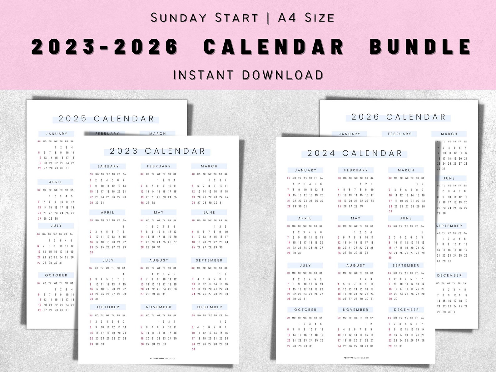 Yearly Calendar Printable 2023 2025 2025 2026 Calendar Etsy Canada