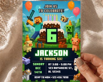 Pixel Block Birthday Party Invitation Template, MineCraffterr Boys Birthday Party Invite, Gamer Invitation, High Quality Canva Template