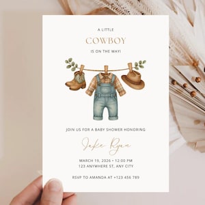 Premium Cowboy Baby Shower Invitation, Cowboy Clothesline Baby Shower, A little Cowboy Is On The Way Invite, Editable Canva Template, CBS01