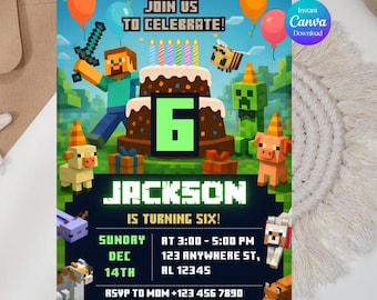Pixel Block Birthday Party Invitation Template, MineCraffterr Boys Birthday Party Invite, Gamer Invitation, High Quality Canva Template