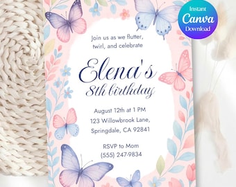 Elena's 8th Birthday Invitation, Pastel Butterfly Girl Party Template (Digital Download)