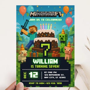 Pixel Block Geburtstagsfeier Einladung Vorlage, MineCraffterr Jungen-Geburtstagsfeier einladen, Gamer Einladung, hochwertige Canva Vorlage