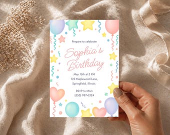 Premium Sophia Birthday Pastel Invite, Editable Pastel Birthday Invitation, Soft Rainbow Party Template, Girls Editable Canva Invitation