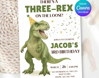 Three-Rex Dinosaur Birthday Invitation, Editable Canva Template, 5x7" (Digital Download)