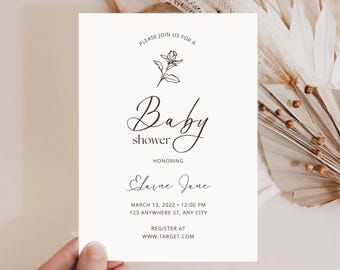 Premium Minimalist Baby Shower Invitation Girl Modern Baby Shower Evite, Flower Invite, Editable Canva Template  MBS1