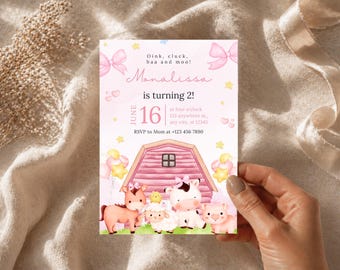 Premium pink farm birthday invitation, barn animals invite for girls, girl barnyard party, floral barnyard animals, Editable Canva Template