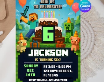 Plantilla de invitación para fiesta de cumpleaños con bloques de píxeles, invitación para fiesta de cumpleaños de Minecraft para niños, invitación para gamers, plantilla Canva de alta calidad