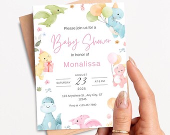Premium Pastel Dinosaur Baby Shower Invitation Girl Dinosaur Birthday Party Invitation Dino Pink , Editable Canva Template DINO1