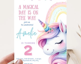 Magical Unicorn Party Invitations - 12 Large Double Sided Cards With Envelopes Rainbow Theme