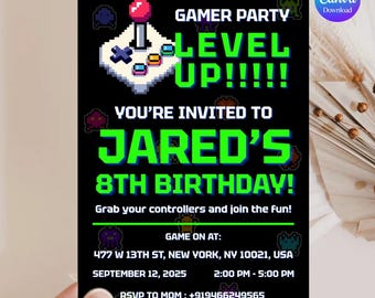 Neon Gamer Birthday Invitation , Video Game Party Template, Editable Canva Invite , Boys Gaming Theme Digital Download , Canva Template