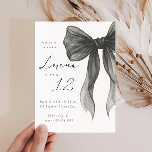 Premium Black Bow 11th, 12th, 13th, 14, 15th Birthday Invite Coquette Invitation Girly Trendy Black Theme Party, Editable Canva Template