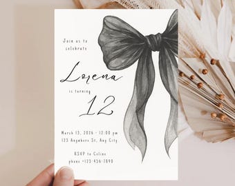 Premium Black Bow 11th, 12th, 13th, 14, 15th Birthday Invite Coquette Invitation Girly Trendy Black Theme Party, Editable Canva Template