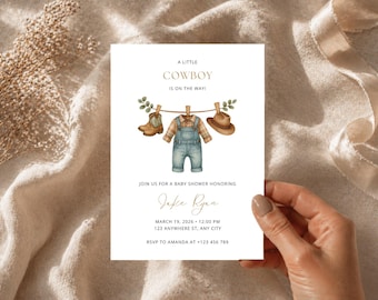 Premium Cowboy Baby Shower Invitation, Cowboy Clothesline Baby Shower, A little Cowboy Is On The Way Invite, Editable Canva Template, CBS01