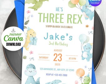 Premium Pastel Dinosaur Birthday Invitation Boy Three Rex Dinosaur Birthday Party Invitation Dino Blue, Editable Canva Template DINO3