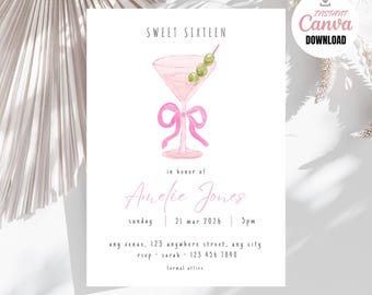 Premium Pink Wine Glass Birthday Invitation Sweet Sixteen Invite Girl 16th, Editable Canva Template SS1