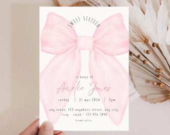 Premium Pink Bow 16th Birthday Invite Coquette Sweet Sixteen Bday Invitation Girly Trendy Bow Theme Birthday Party, Editable Canva Template