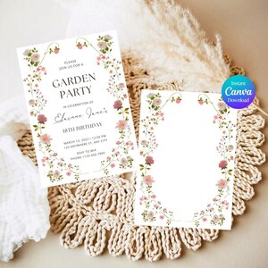 May include: Two white invitation cards with floral borders. One card reads "Garden Party" and "18th Birthday" with event details. The other card is blank. Both cards have a floral design with pink and white flowers.