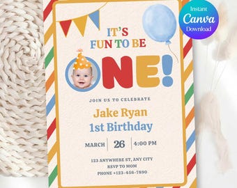Editable First Birthday Invitation, Fun To Be One Boy Party, Canva Template (Digital Download)