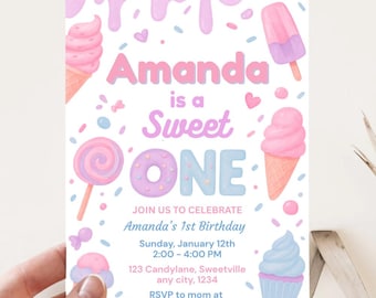 Invitación de cumpleaños Premium Sweet One, Invitación de primer cumpleaños para niña con dulces en tonos pastel, postres, donas, caramelos y helados, Plantilla editable de Canva v1