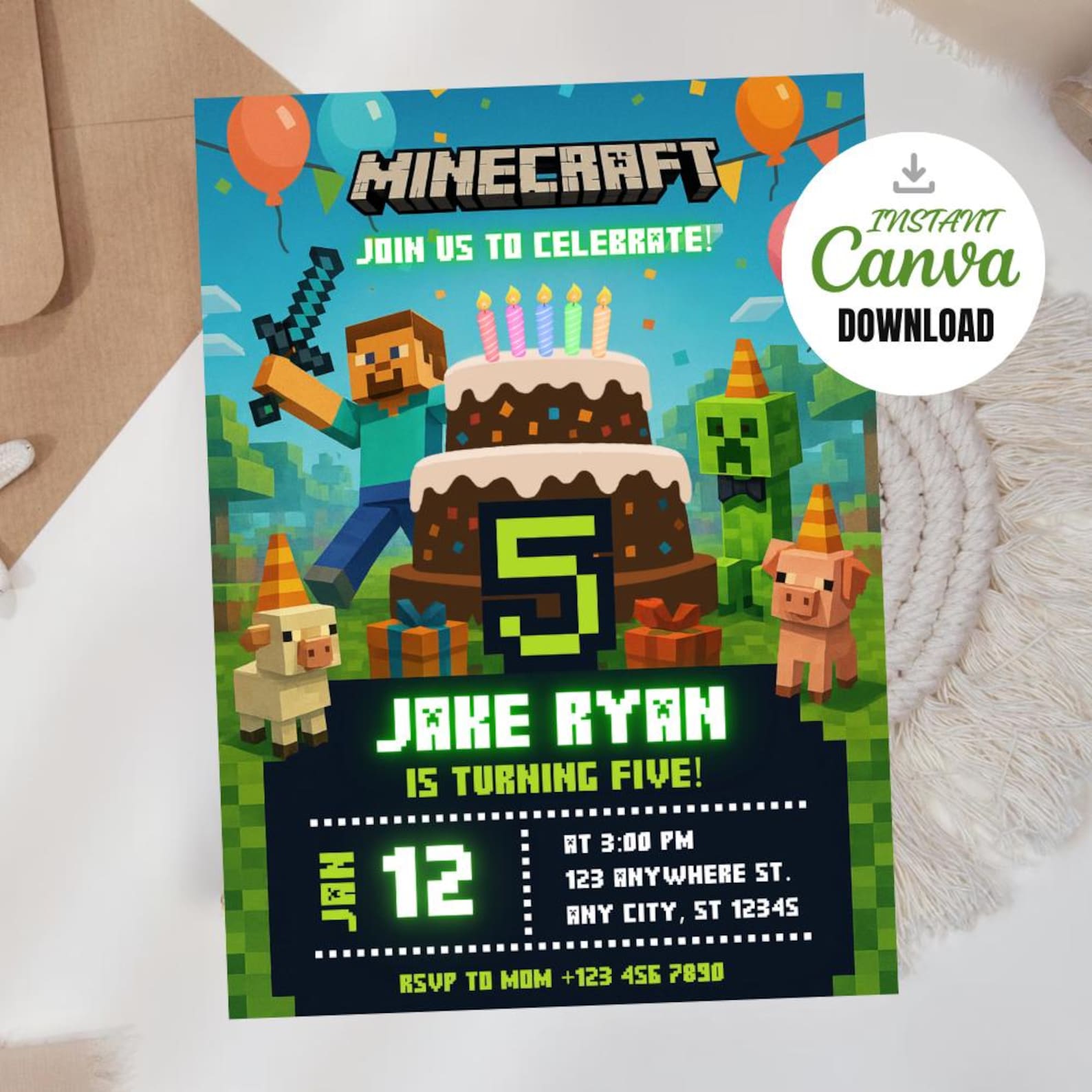 Invitación de cumpleaños editable de Minecraft, invitación de ...