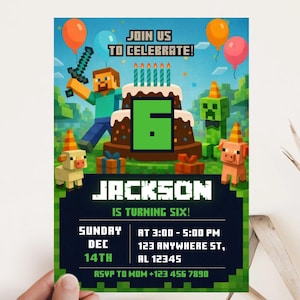 Pixel Block Birthday Party Invitation Template, MineCraffterr Boys Birthday Party Invite, Gamer Invitation, High Quality Canva Template