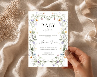 Baby in Bloom Invitation, Wildflower Baby in Bloom Baby Shower Invitation Girl, Pink Purple Wildflower Evite, Editable Canva Template