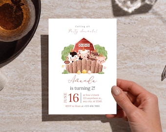 Tiere auf dem Bauernhof Geburtstagseinladung | Bearbeitbar Barnyard Party einladen | Rustikaler Bauernhof 2.Geburtstag | Kinder Party Canva Vorlage | Sofort Download