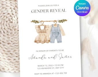 Boho Gender Reveal Premium Invitation, Gender Reveal Invite Template, Minimalist Baby Reveal Invitation, Editable Canva Template, BRI1