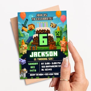 Pixel Block Birthday Party Invitation Template, MineCraffterr Boys Birthday Party Invite, Gamer Invitation, High Quality Canva Template