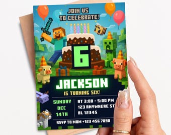 Pixel Block Birthday Party Invitation Template, MineCraffterr Boys Birthday Party Invite, Gamer Invitation, High Quality Canva Template