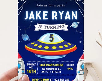 Premium Space Birthday Party Invitation Galaxy Invite Astronaut Outer Space Space Rocket Planets Boy Girl Party, Editable Canva Template v1